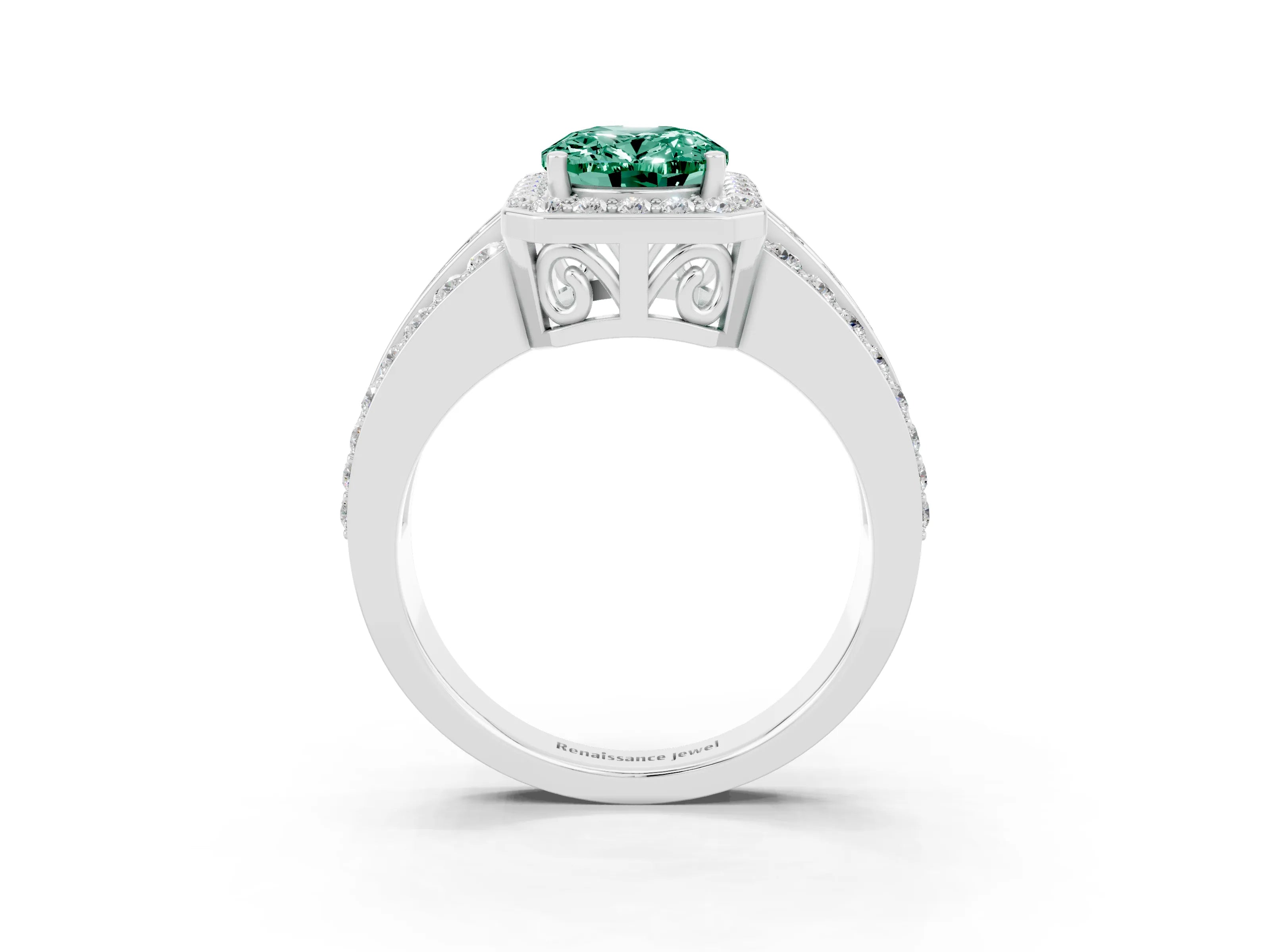 White gold Oval Cut Halo Green Sapphire Ring with Split Shank and Four-Prong Setting_3