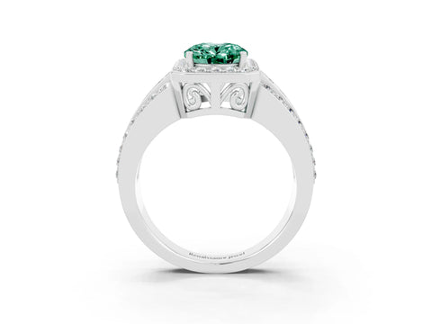 White gold Oval Cut Halo Green Sapphire Ring with Split Shank and Four-Prong Setting_3