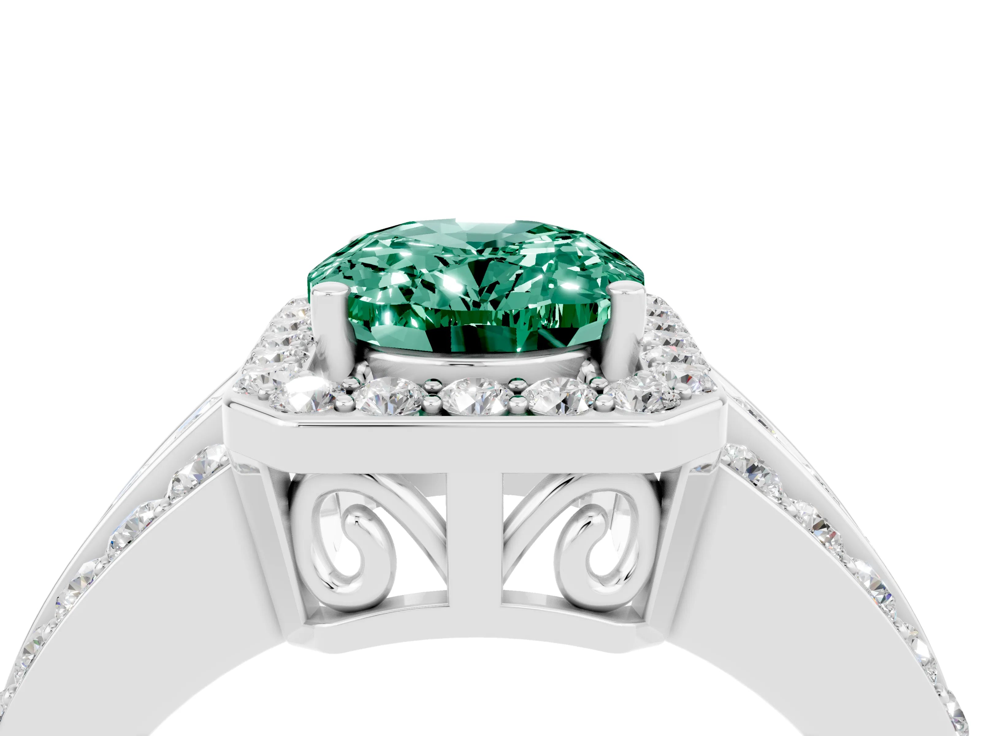 White gold Oval Cut Halo Green Sapphire Ring with Split Shank and Four-Prong Setting_4