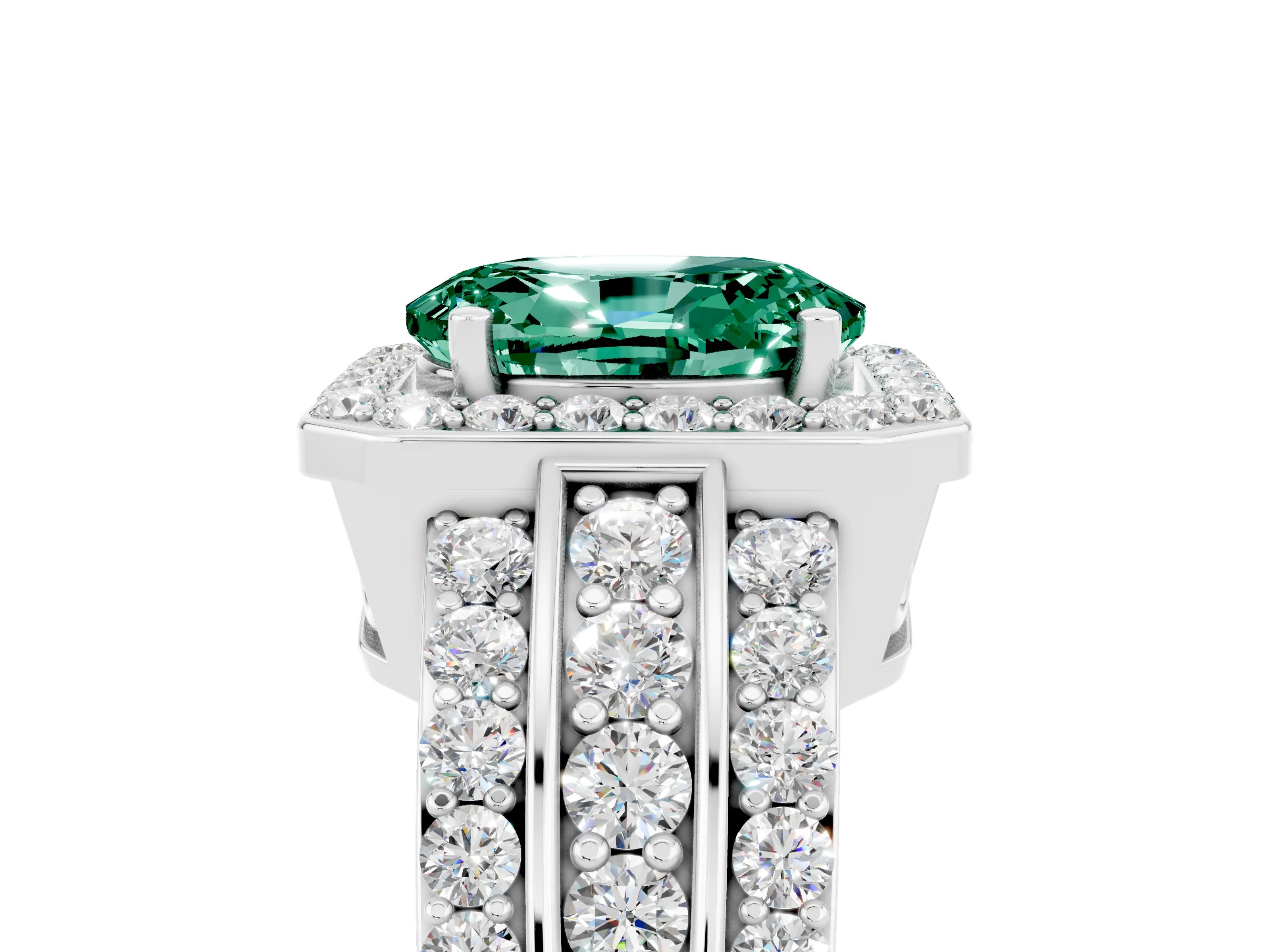 White gold Oval Cut Halo Green Sapphire Ring with Split Shank and Four-Prong Setting_5