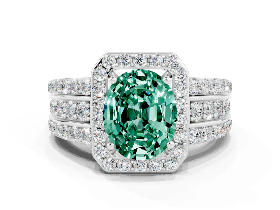 White gold Oval Cut Halo Green Sapphire Ring with Split Shank and Four-Prong Setting