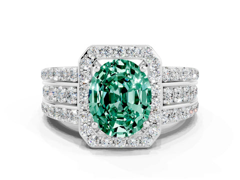 White gold Oval Cut Halo Green Sapphire Ring with Split Shank and Four-Prong Setting
