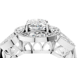 White gold Oval Cut Halo Milgrain Diamond Engagement Ring with Leaf Band and Four-Prong Setting_11