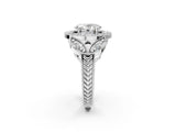 White gold Oval Cut Halo Milgrain Diamond Engagement Ring with Leaf Band and Four-Prong Setting_9