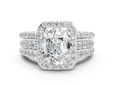 White gold Oval Cut Halo Moissanite Ring with Split Shank and Four-Prong Setting
