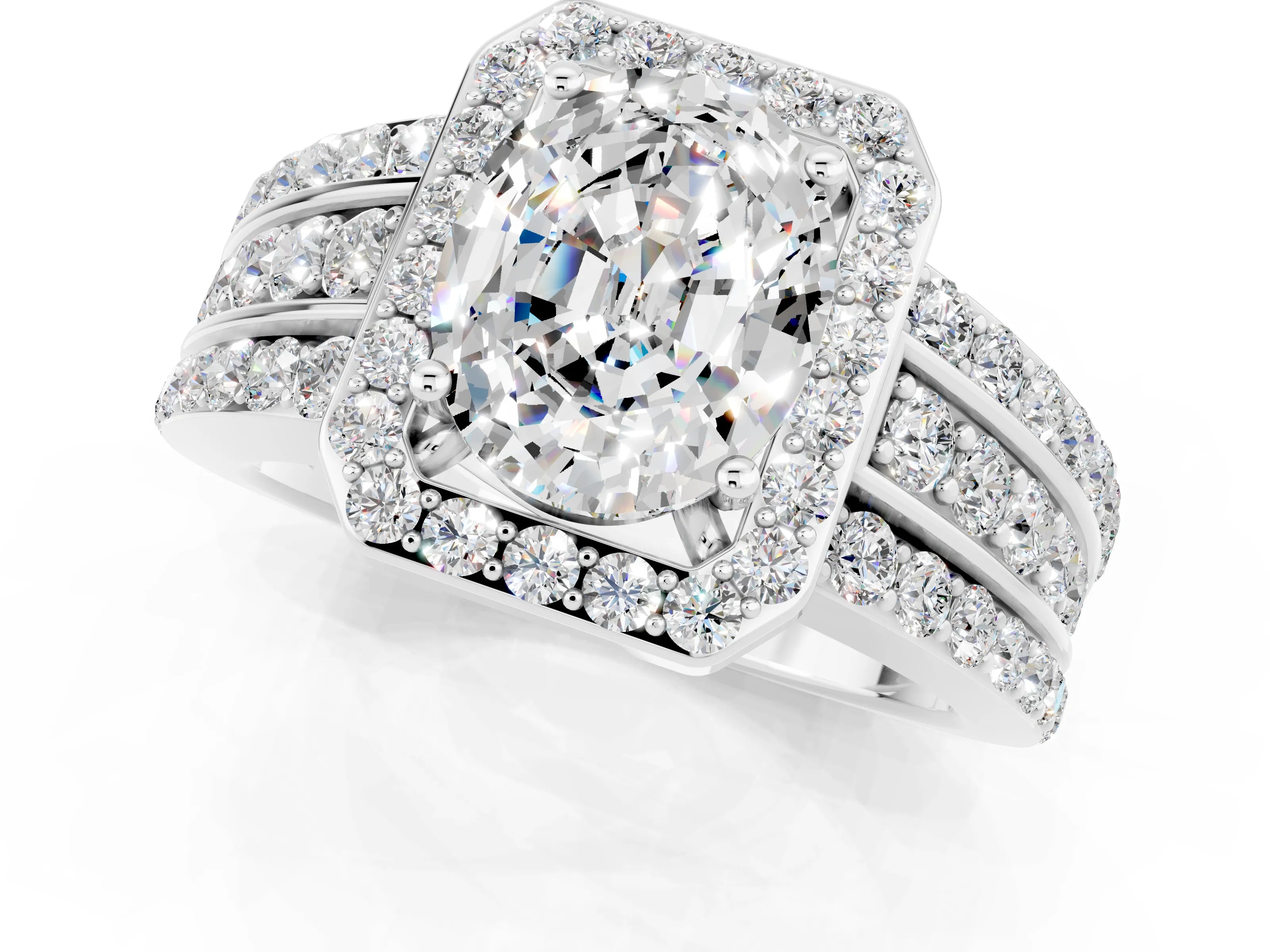 White gold Oval Cut Halo Moissanite Ring with Split Shank and Four-Prong Setting_1