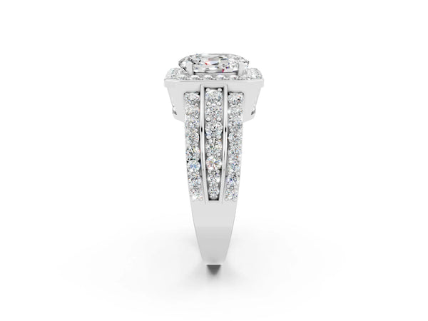 Silver Oval Cut Halo Moissanite Ring with Round  Split Shank and Prong Setting