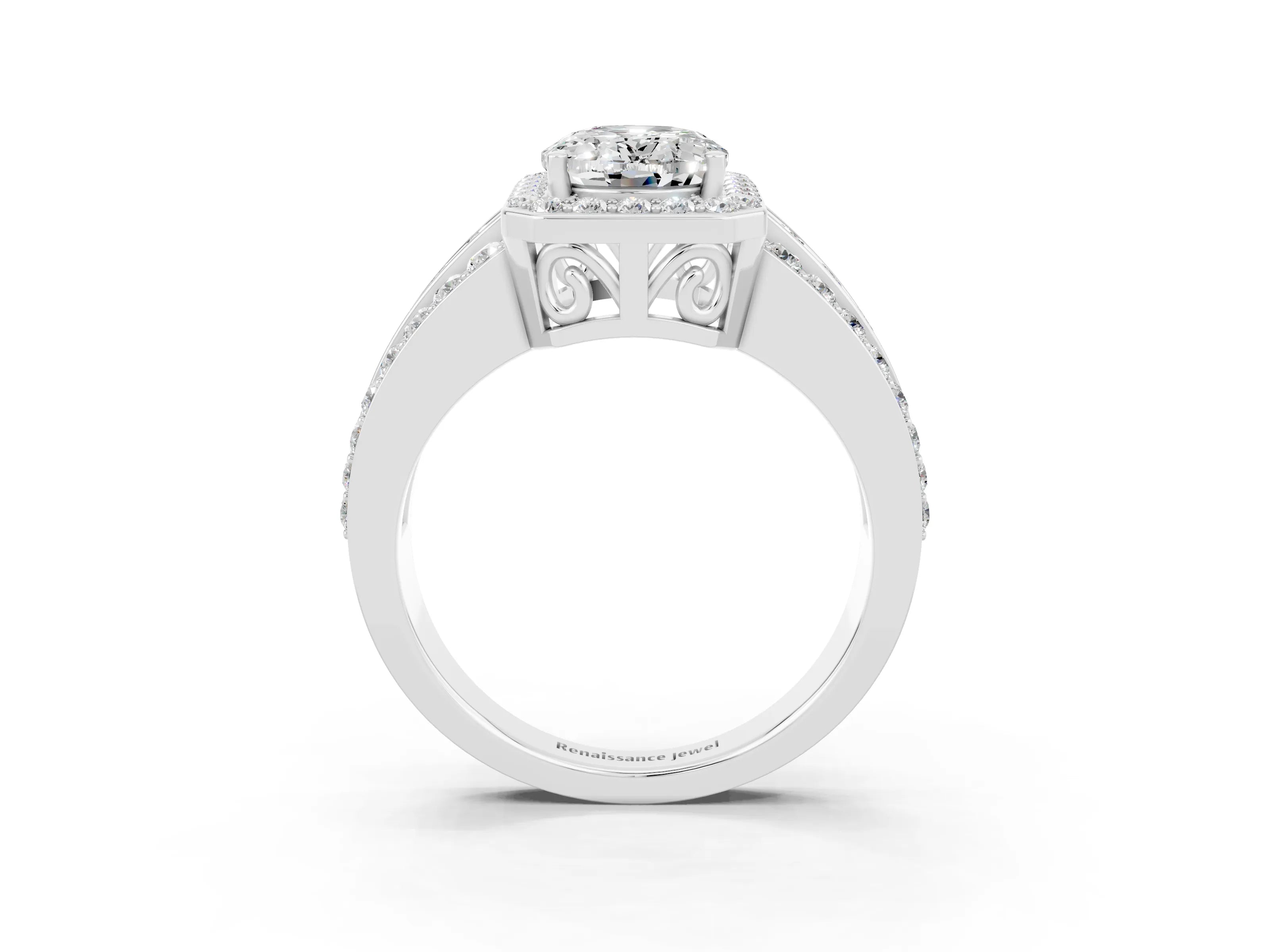 White gold Oval Cut Halo Moissanite Ring with Split Shank and Four-Prong Setting_3