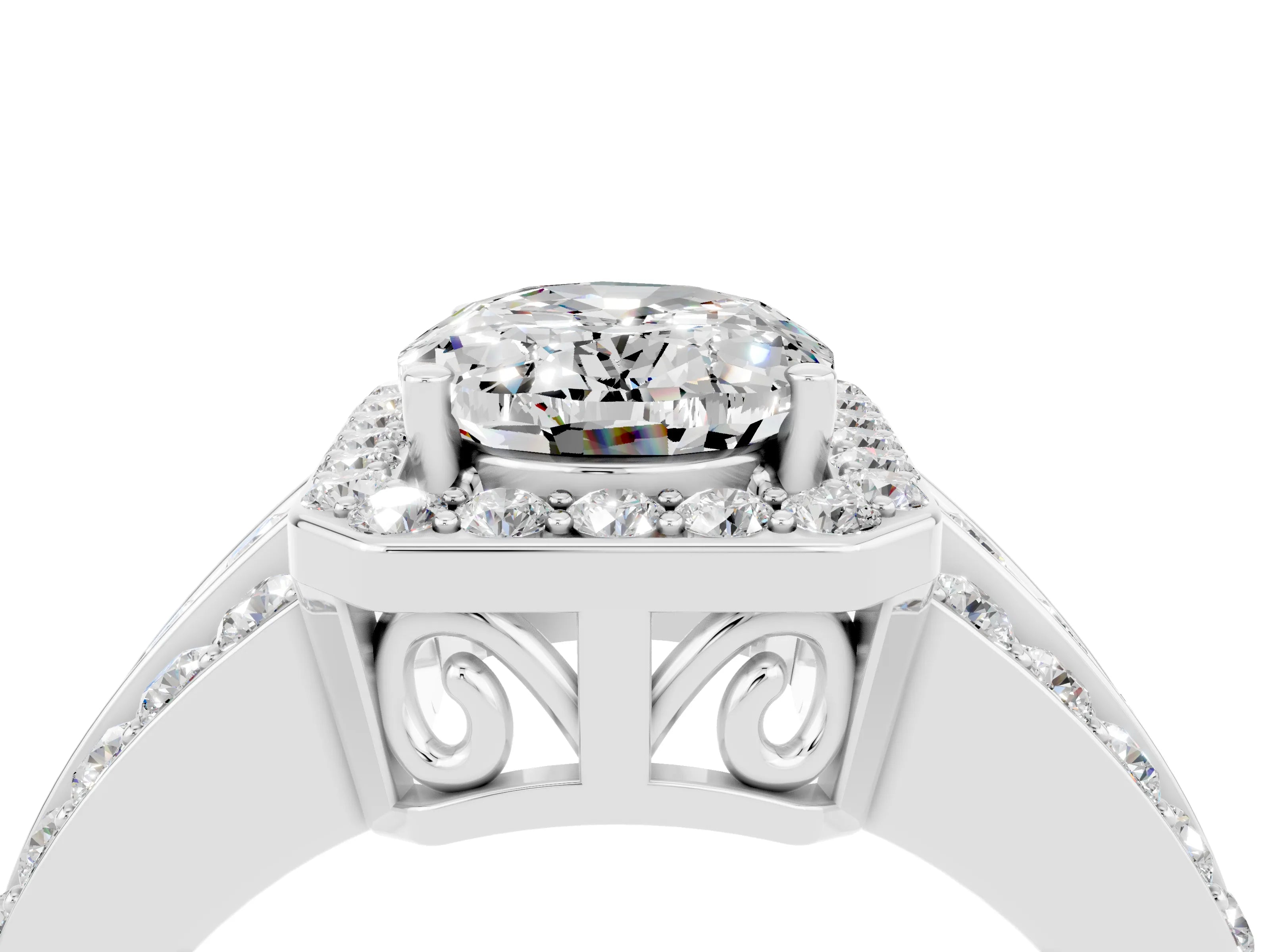 White gold Oval Cut Halo Moissanite Ring with Split Shank and Four-Prong Setting_4