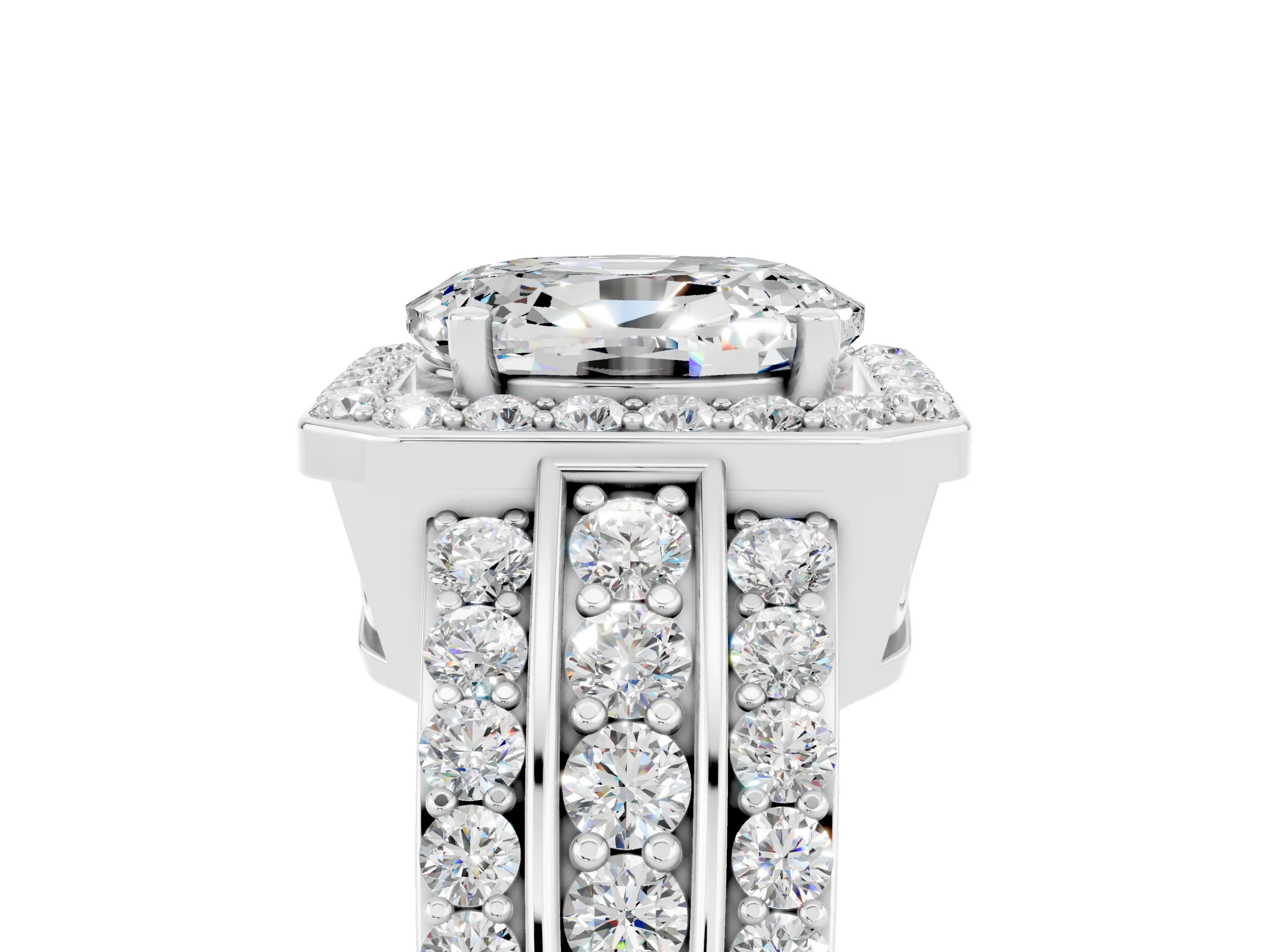 White gold Oval Cut Halo Moissanite Ring with Split Shank and Four-Prong Setting_5