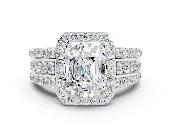 White gold Oval Cut Halo Moissanite Ring with Round  Split Shank and Prong Setting