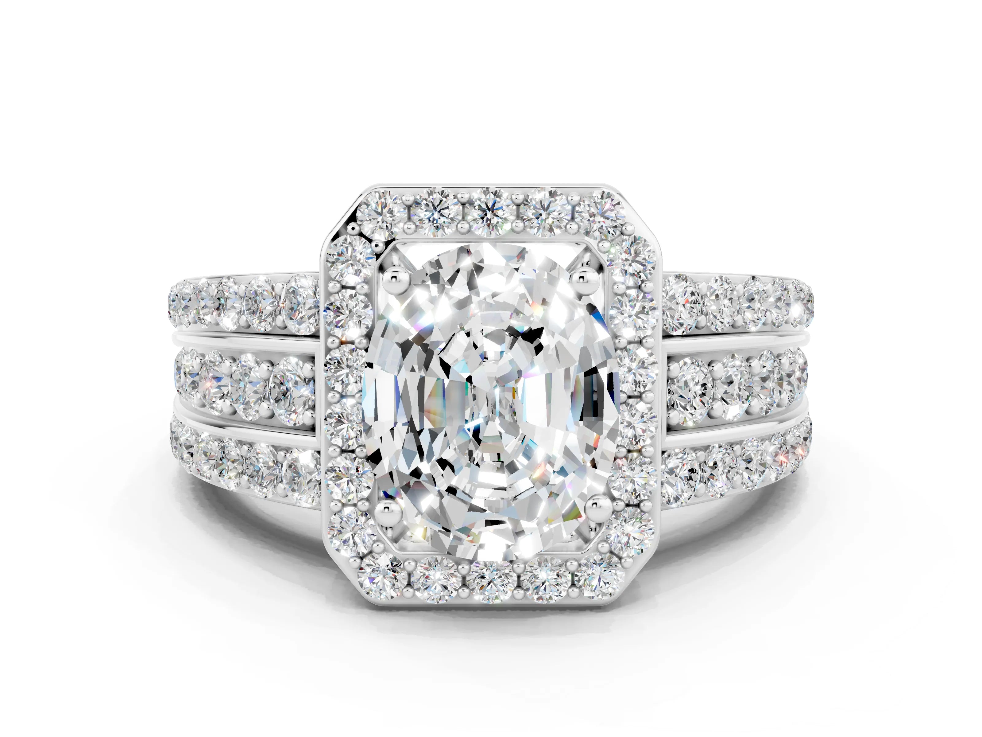 White gold Oval Cut Halo Moissanite Ring with Split Shank and Four-Prong Setting