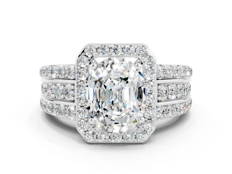 White gold Oval Cut Halo Moissanite Ring with Split Shank and Four-Prong Setting