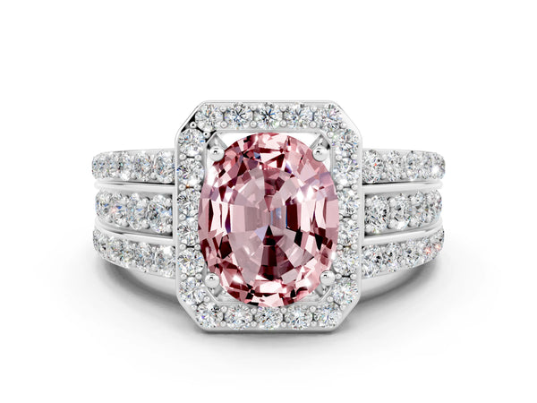 Platinum Oval Cut Halo Morganite Ring with Round  Split Shank and Prong Setting