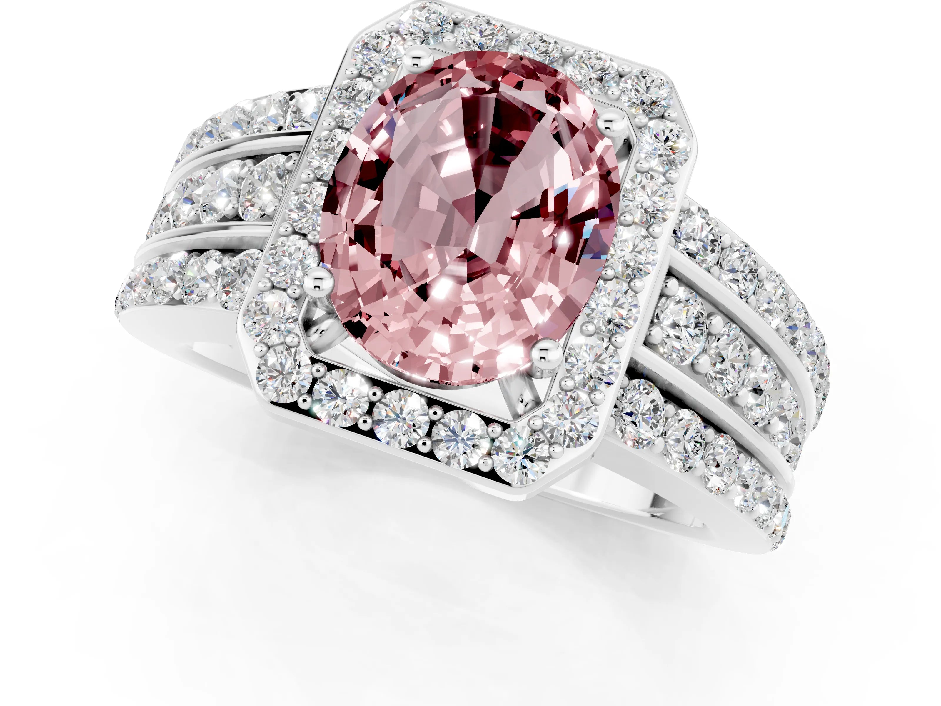 White gold Oval Cut Halo Morganite Ring with Split Shank and Four-Prong Setting_1