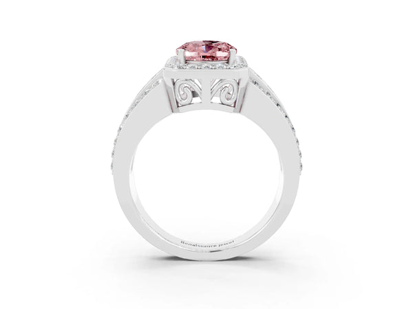 Platinum Oval Cut Halo Morganite Ring with Round  Split Shank and Prong Setting