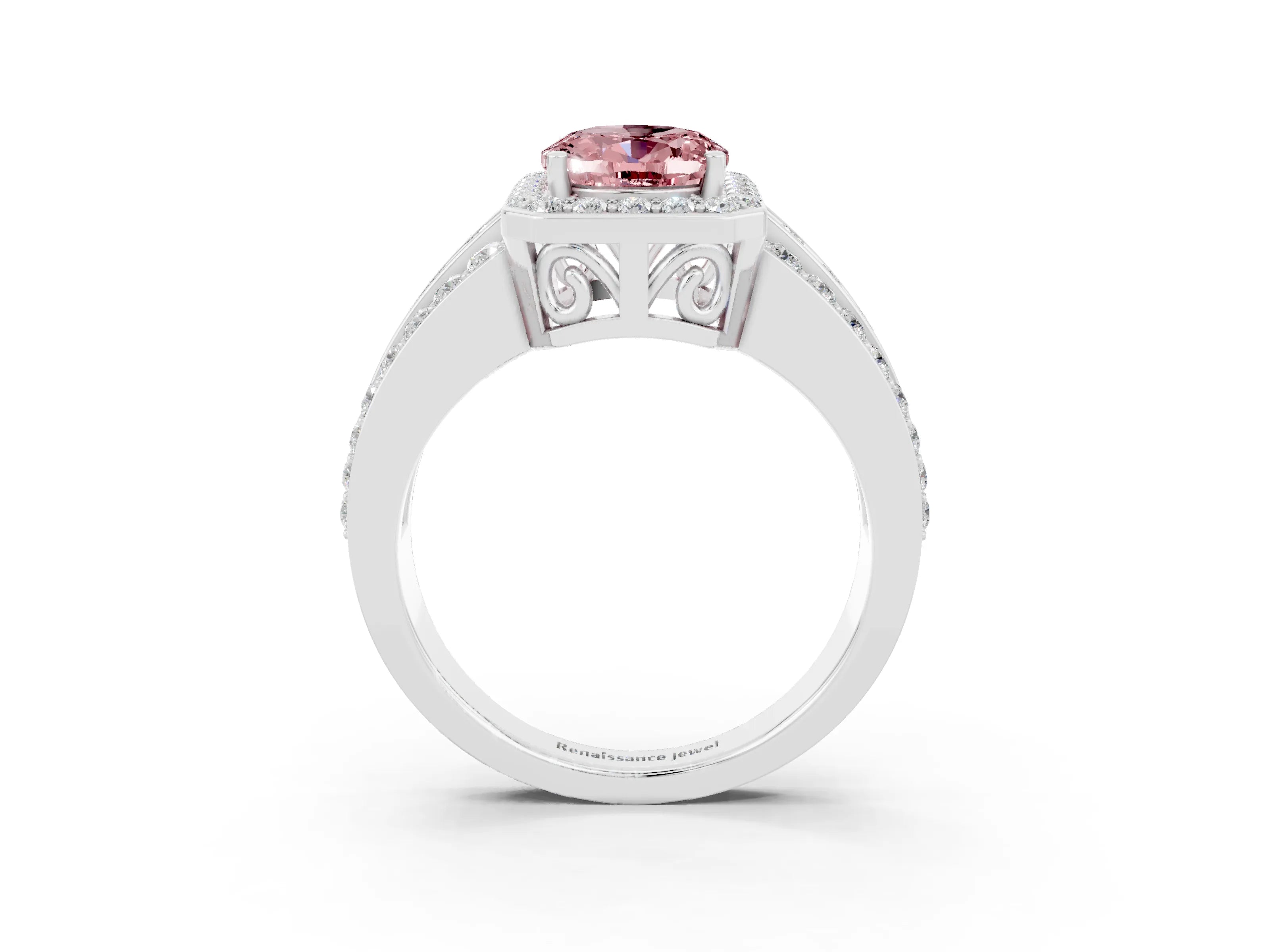 White gold Oval Cut Halo Morganite Ring with Split Shank and Four-Prong Setting_3