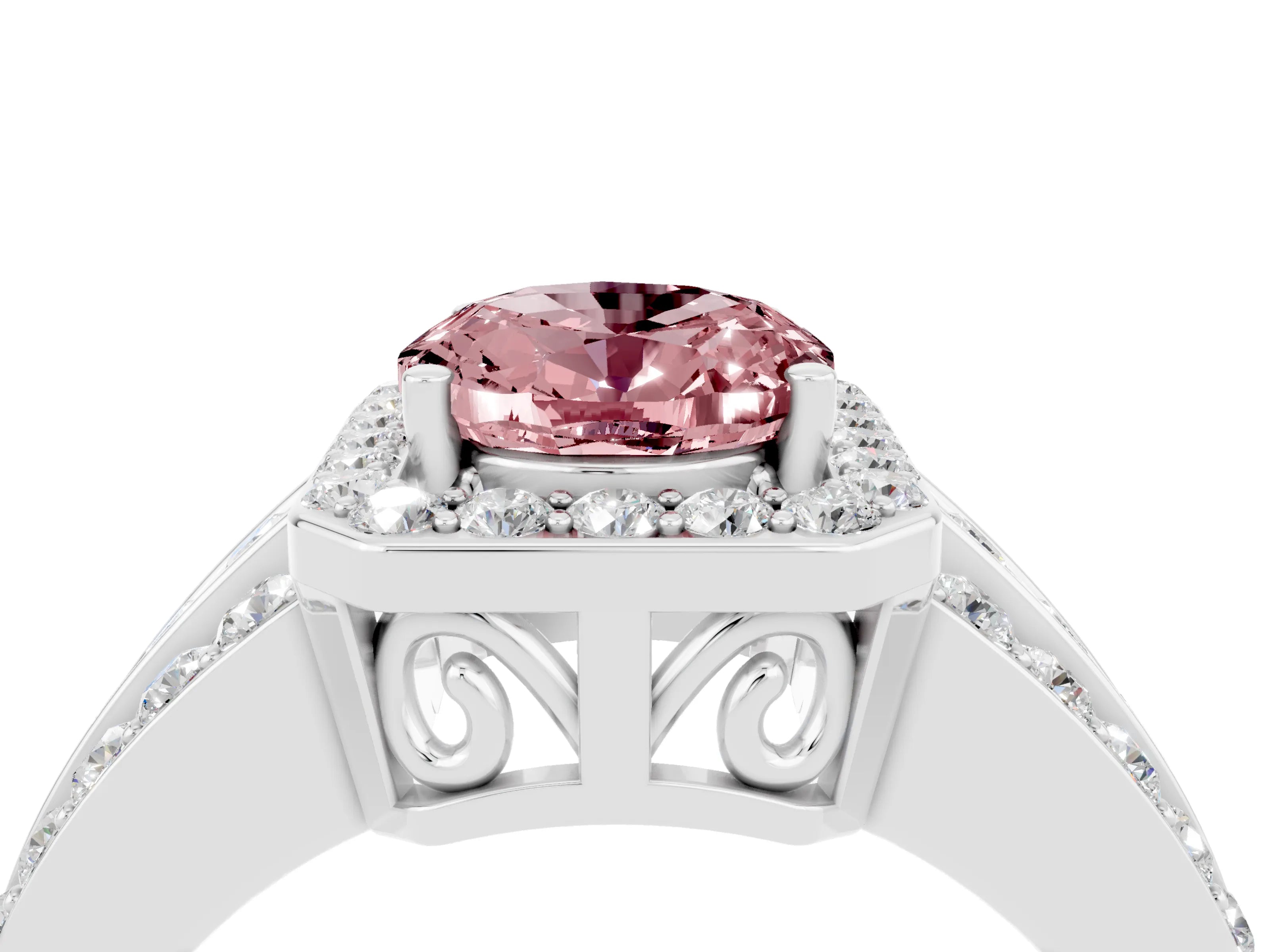 White gold Oval Cut Halo Morganite Ring with Split Shank and Four-Prong Setting_4