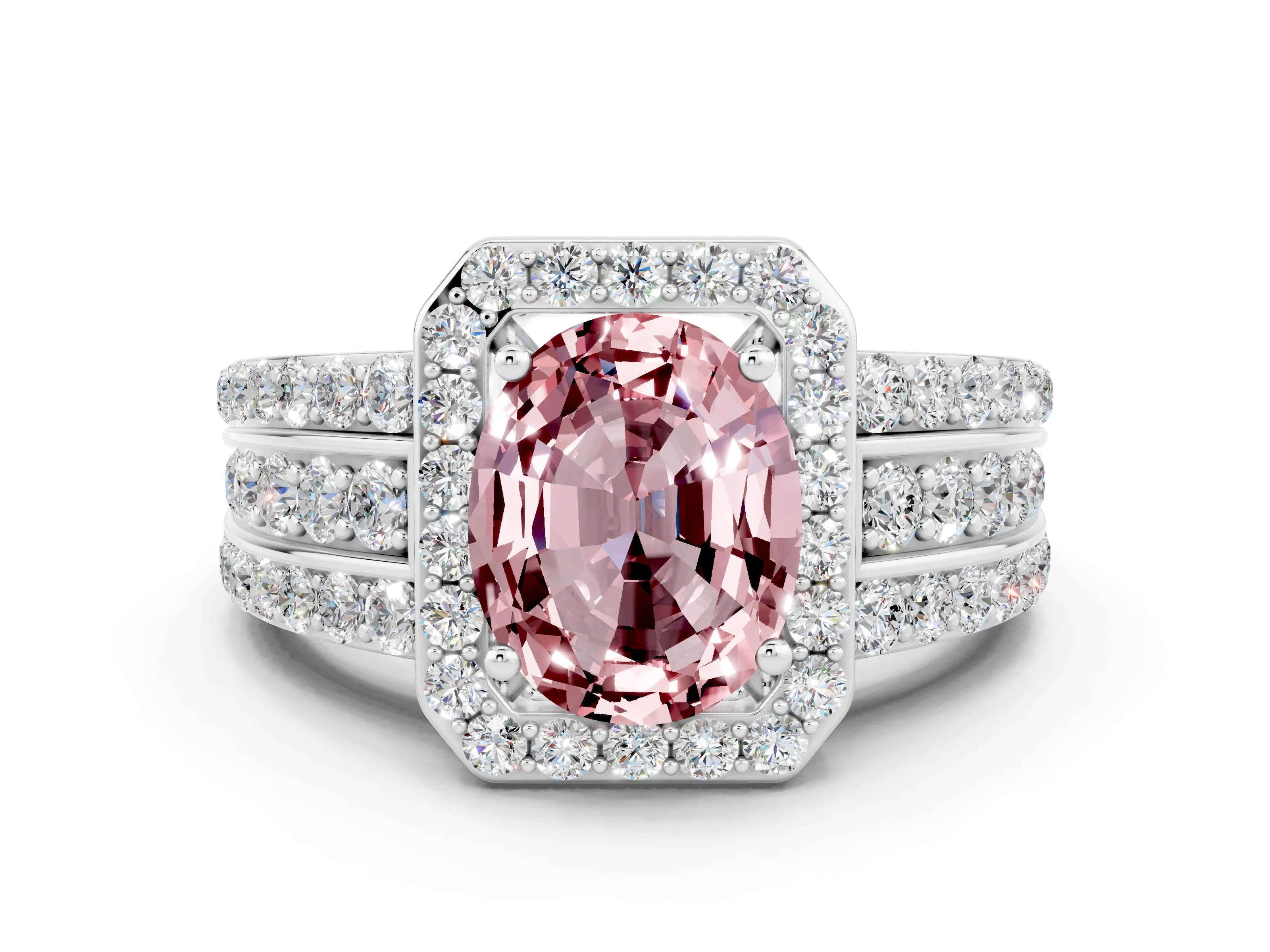 White gold Oval Cut Halo Morganite Ring with Split Shank and Four-Prong Setting