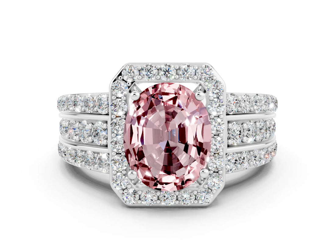White gold Oval Cut Halo Morganite Ring with Split Shank and Four-Prong Setting