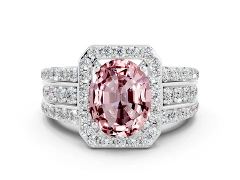 White gold Oval Cut Halo Morganite Ring with Split Shank and Four-Prong Setting