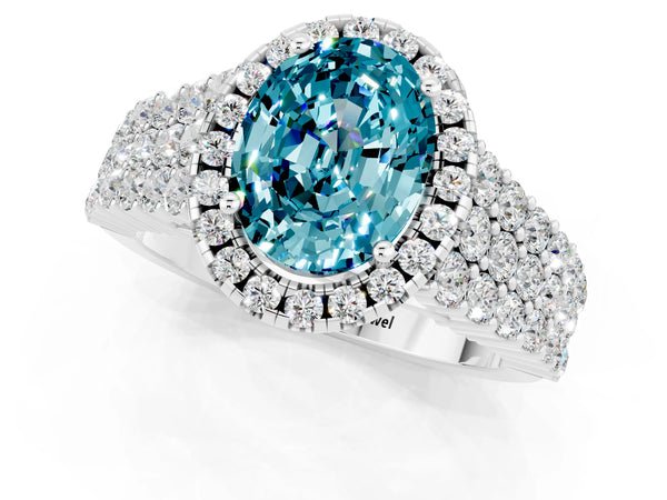 Platinum Oval Cut Halo Pavé Diamond Engagement Ring with Split Shank and Four-Prong Setting