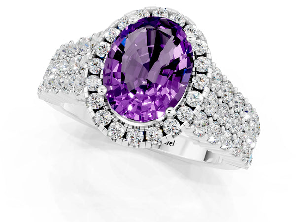 Platinum Oval Cut Amethyst Halo Engagement Ring with Triple Row Round Pavé Band and Prong Setting