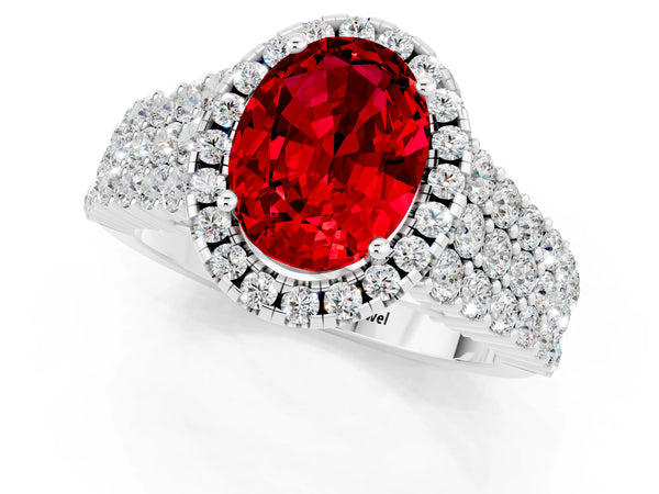 Platinum Oval Cut Halo Pavé Diamond Engagement Ring with Split Shank and Four-Prong Setting