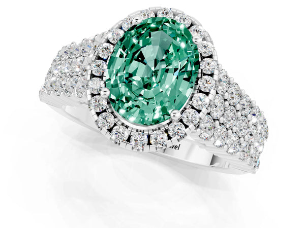 White gold Oval Cut Green Sapphire Halo Engagement Ring with Triple Row Round Pavé Band and Prong Setting