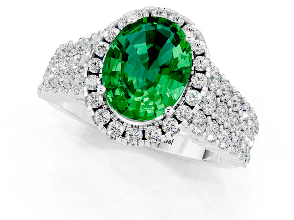 Silver Oval Cut Emerald Halo Engagement Ring with Triple Row Round Pavé Band and Prong Setting