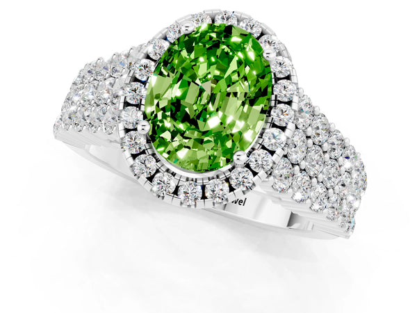 White gold Oval Cut Halo Pavé Diamond Engagement Ring with Split Shank and Four-Prong Setting