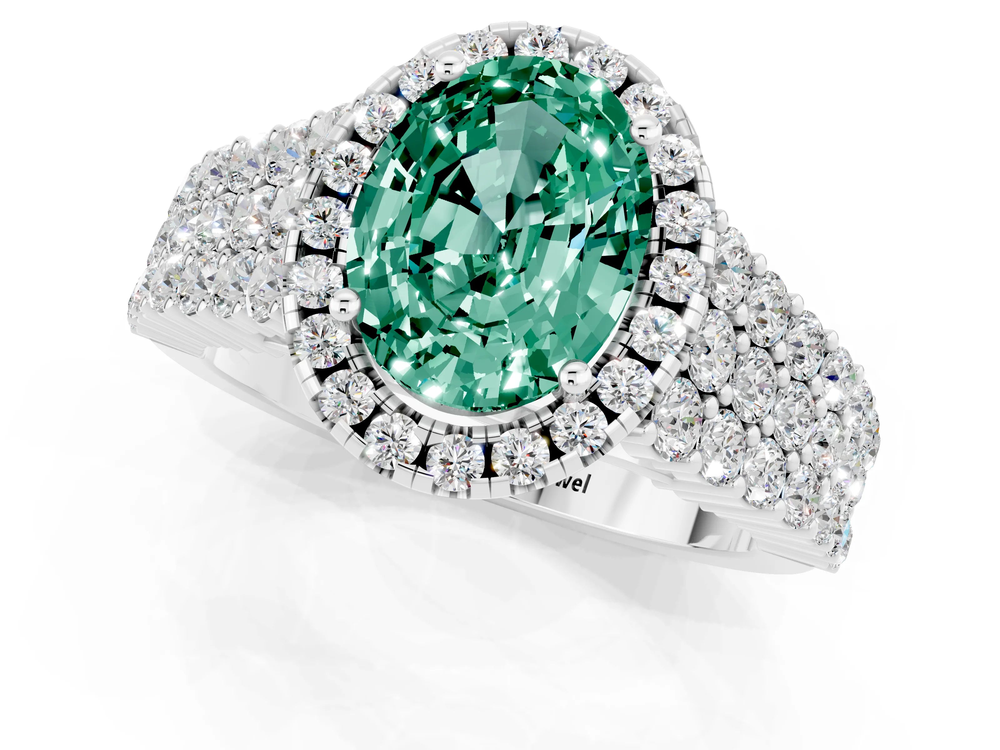 White gold Oval Cut Halo Pavé Diamond Engagement Ring with Split Shank and Four-Prong Setting_1