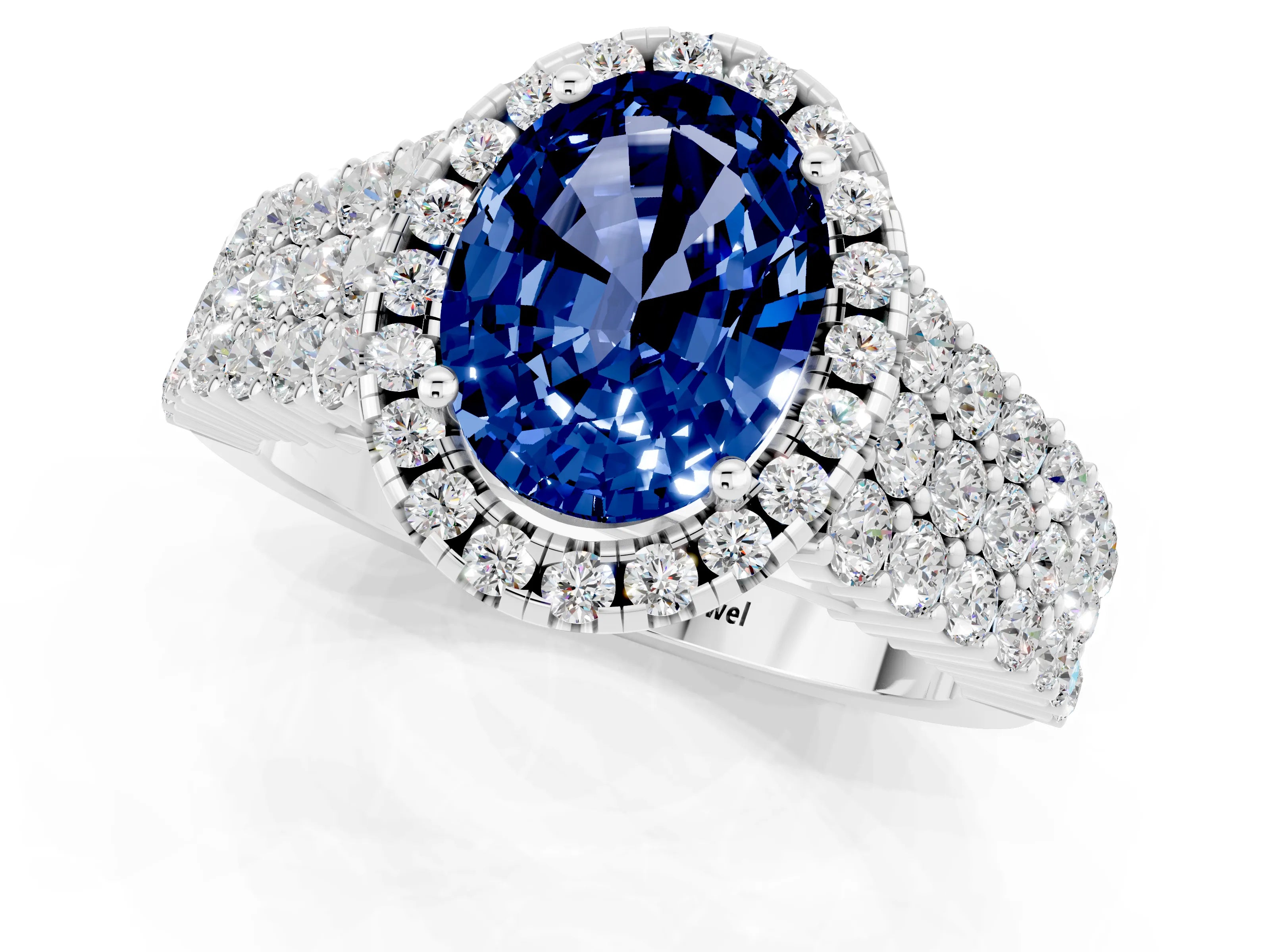 White gold Oval Cut Halo Pavé Diamond Engagement Ring with Split Shank and Four-Prong Setting_1