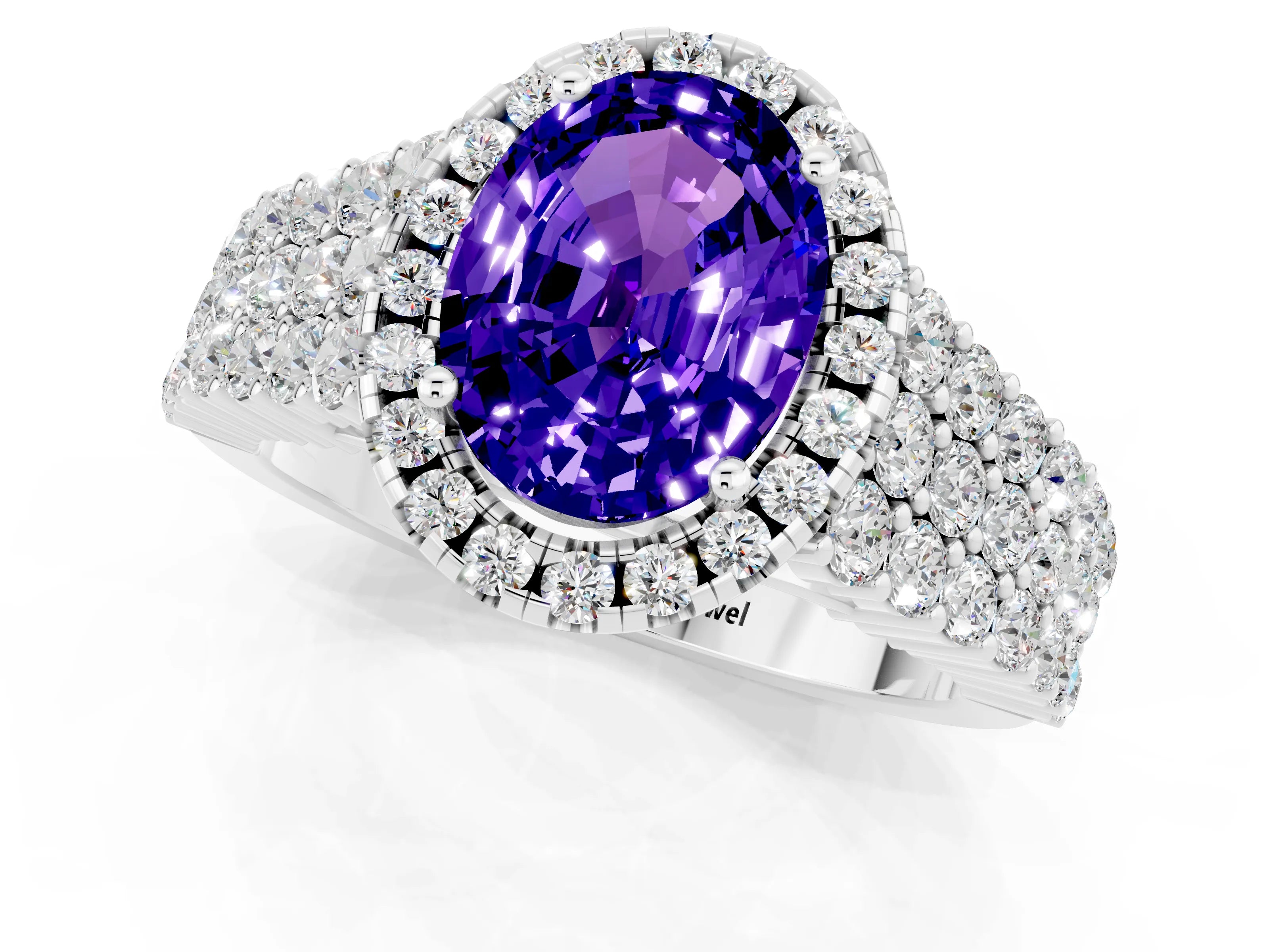 White gold Oval Cut Halo Pavé Diamond Engagement Ring with Split Shank and Four-Prong Setting_1