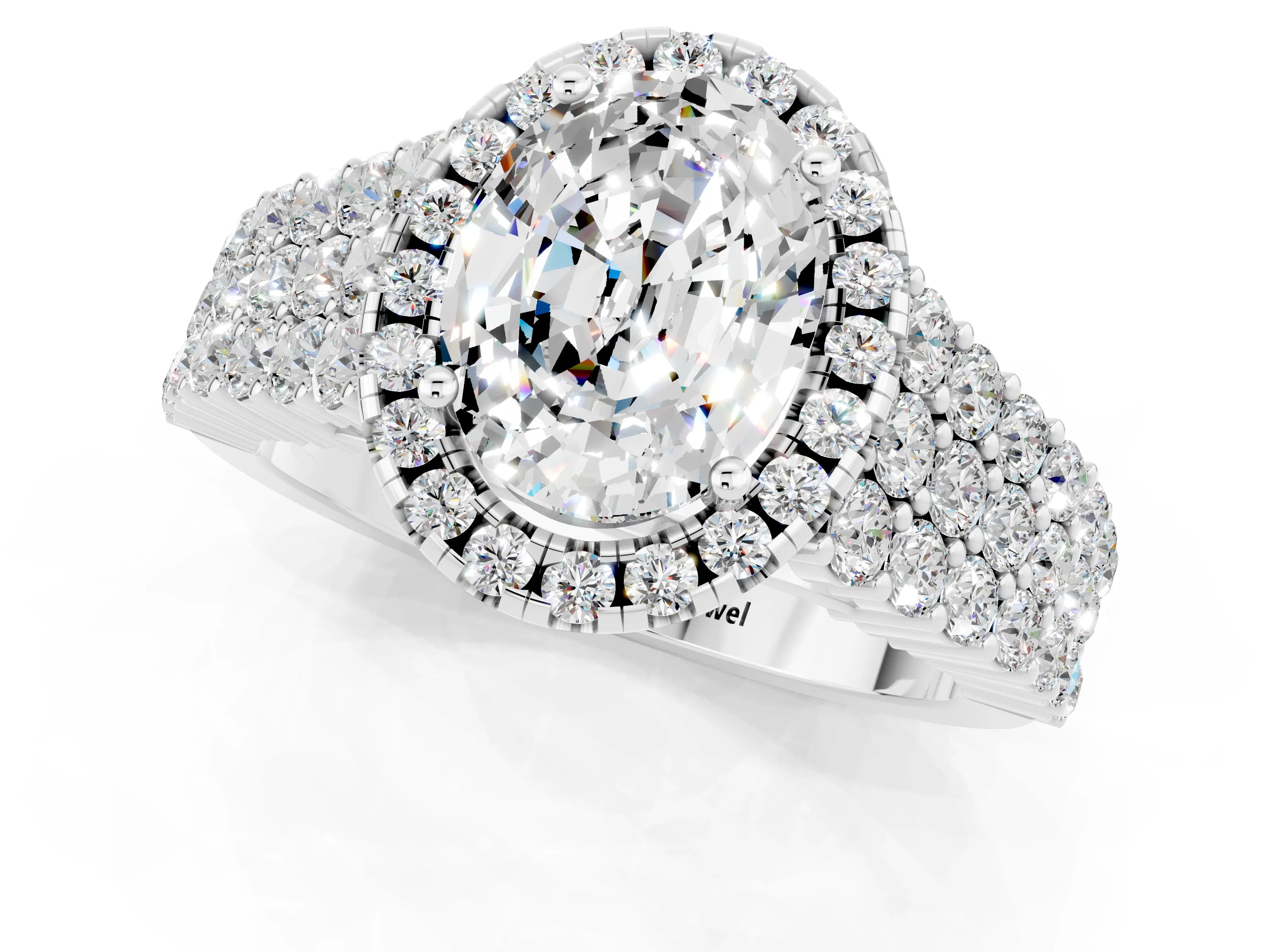 White gold Oval Cut Halo Pavé Diamond Engagement Ring with Split Shank and Four-Prong Setting_1