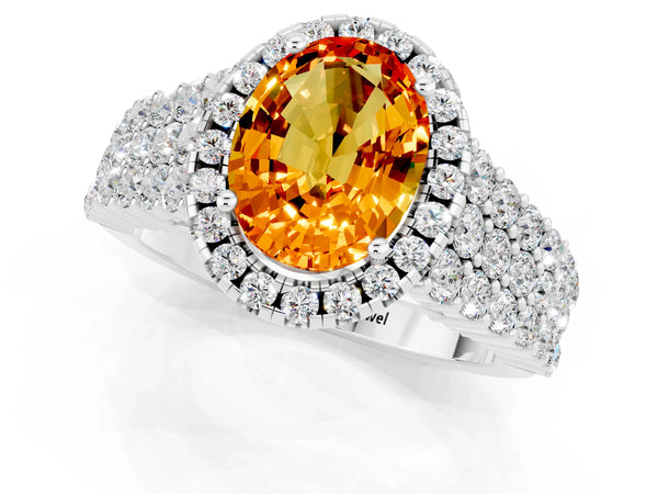 Silver Oval Cut Citrine Halo Engagement Ring with Triple Row Round Pavé Band and Prong Setting