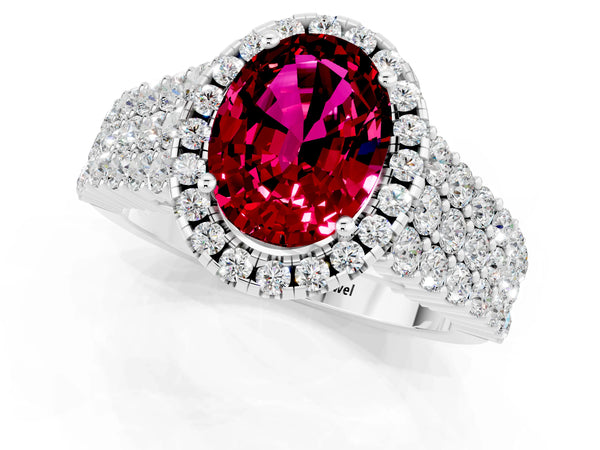 White gold Oval Cut Garnet Halo Engagement Ring with Triple Row Round Pavé Band and Prong Setting