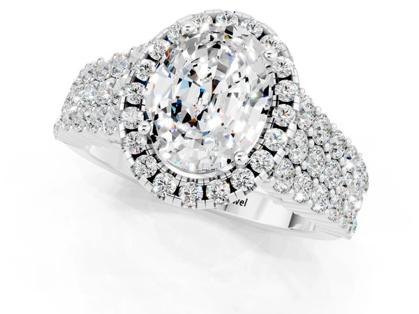Silver Oval Cut Moissanite Halo Engagement Ring with Triple Row Round Pavé Band and Prong Setting