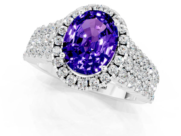 White gold Oval Cut Tanzanite Halo Engagement Ring with Triple Row Round Pavé Band and Prong Setting