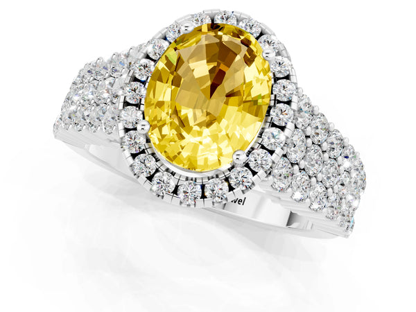 Platinum Oval Cut Yellow Sapphire Halo Engagement Ring with Triple Row Round Pavé Band and Prong Setting