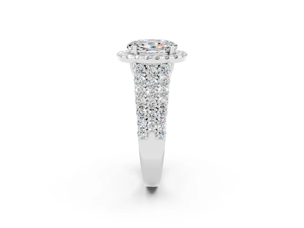 Platinum Oval Cut Moissanite Halo Engagement Ring with Triple Row Round Pavé Band and Prong Setting