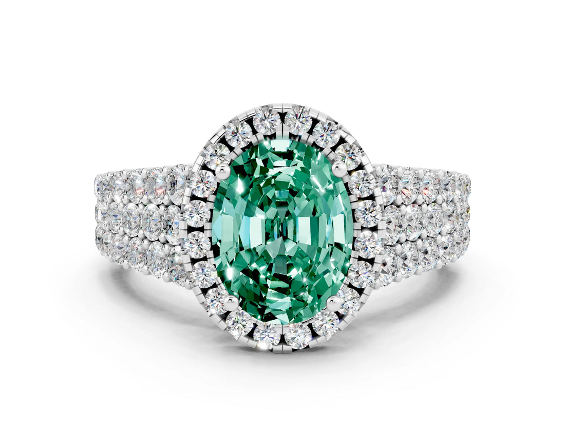 White gold Oval Cut Halo Pavé Diamond Engagement Ring with Split Shank and Four-Prong Setting
