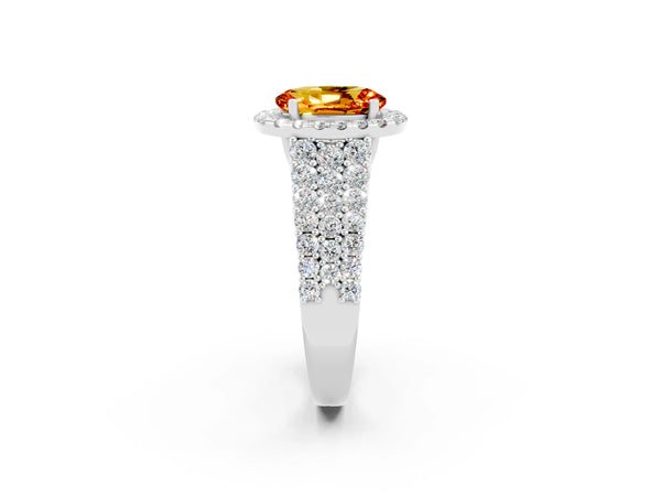 Platinum Oval Cut Citrine Halo Engagement Ring with Triple Row Round Pavé Band and Prong Setting
