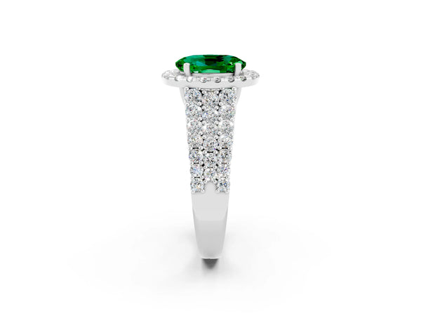 White gold Oval Cut Emerald Halo Engagement Ring with Triple Row Round Pavé Band and Prong Setting