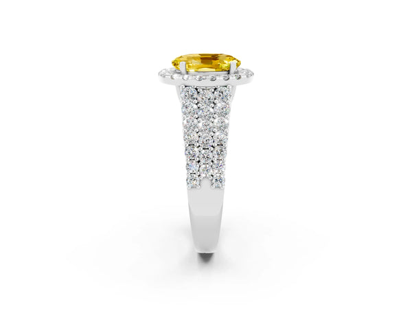 Silver Oval Cut Yellow Sapphire Halo Engagement Ring with Triple Row Round Pavé Band and Prong Setting