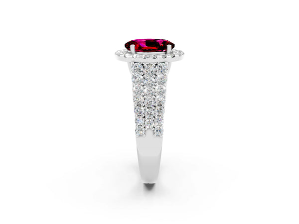 Silver Oval Cut Garnet Halo Engagement Ring with Triple Row Round Pavé Band and Prong Setting