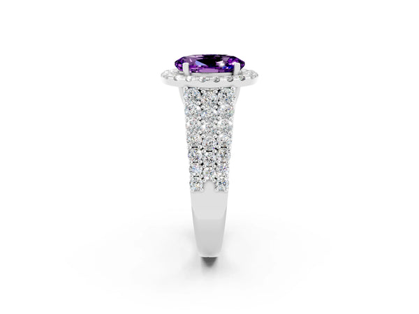 Platinum Oval Cut Amethyst Halo Engagement Ring with Triple Row Round Pavé Band and Prong Setting