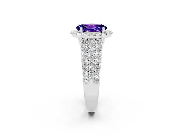 White gold Oval Cut Tanzanite Halo Engagement Ring with Triple Row Round Pavé Band and Prong Setting