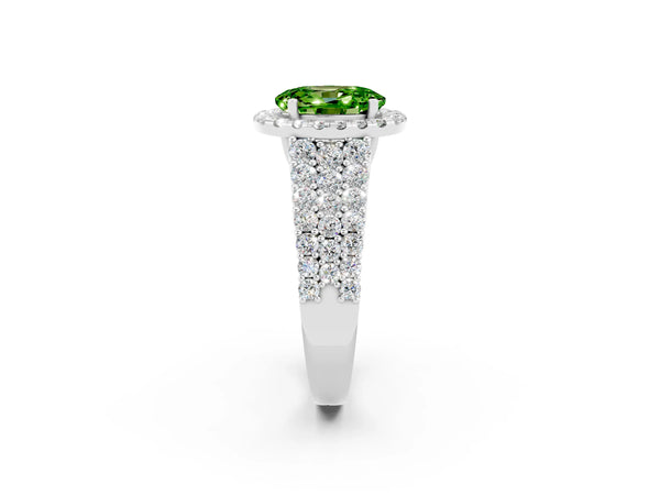 Silver Oval Cut Halo Pavé Diamond Engagement Ring with Split Shank and Four-Prong Setting
