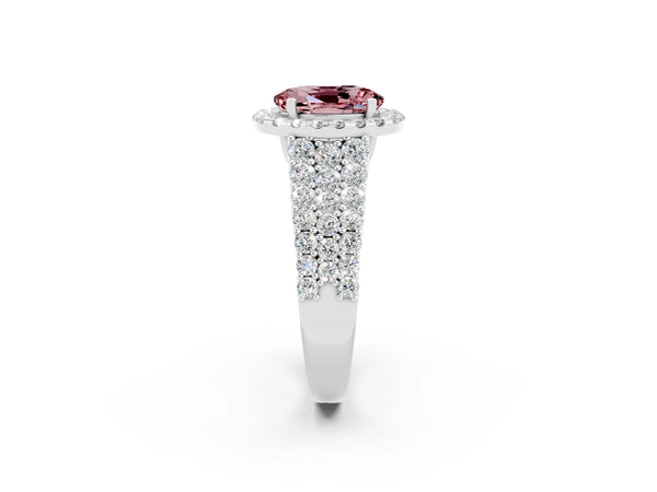 Platinum Oval Cut Halo Pavé Diamond Engagement Ring with Split Shank and Four-Prong Setting